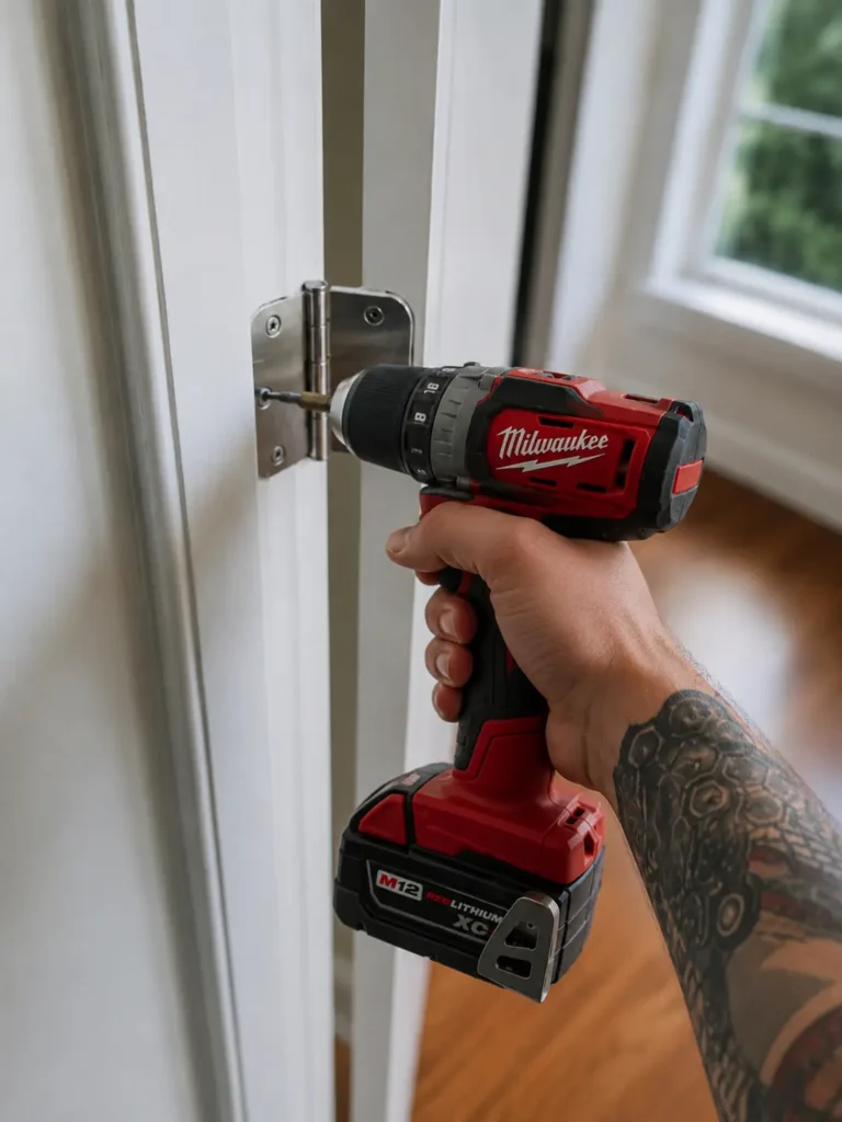 Handyman adjusting a door hinge in a MetroWest, MA home
