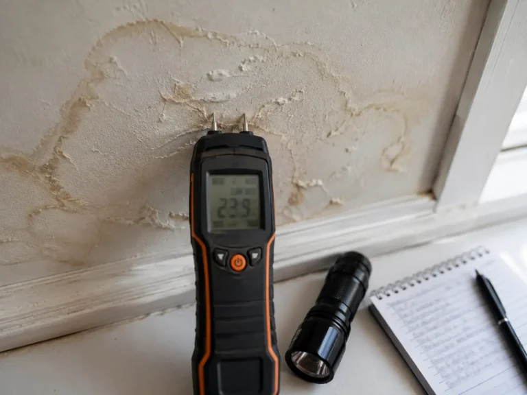 Moisture meter documenting water damage for a property manager in Acton, MA
