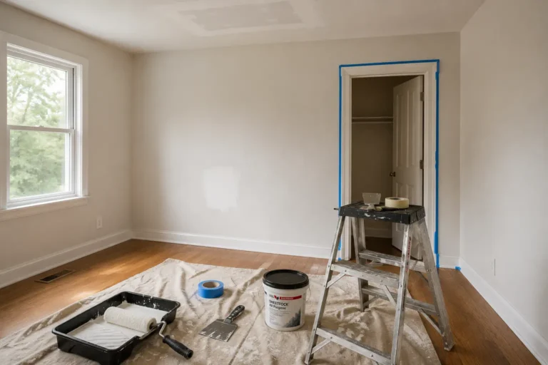 Rental turnover painting and repair setup in an Acton, MA home