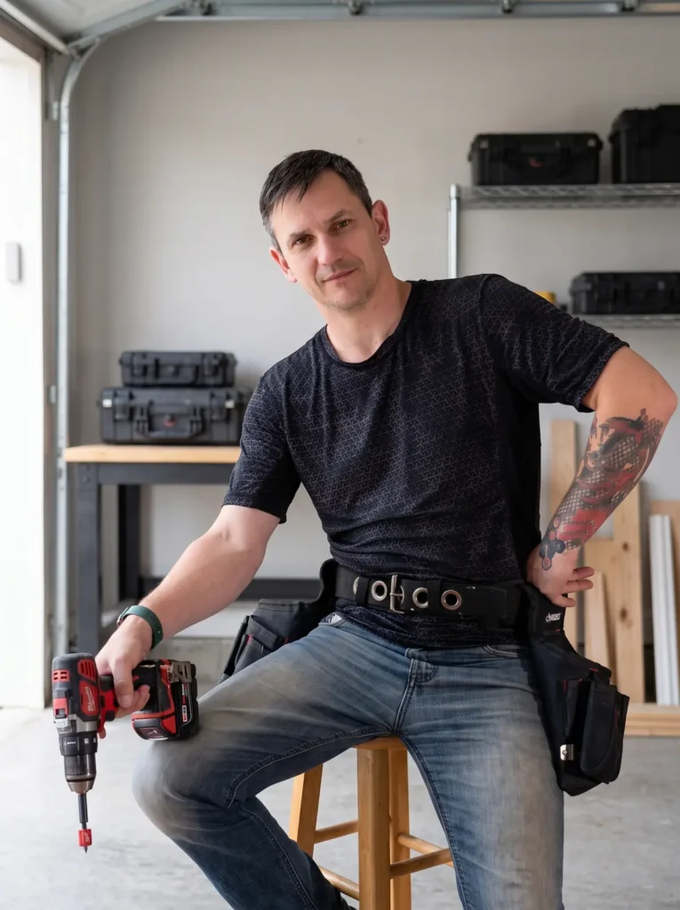 Ivan Grudin, founder and lead craftsman at BETEP, seated in a workshop with a drill and tool belt